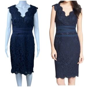 Tadashi Shoji Embroidered Lace Sheath Dress Size 10P V-Neck QuietLuxury Preppy